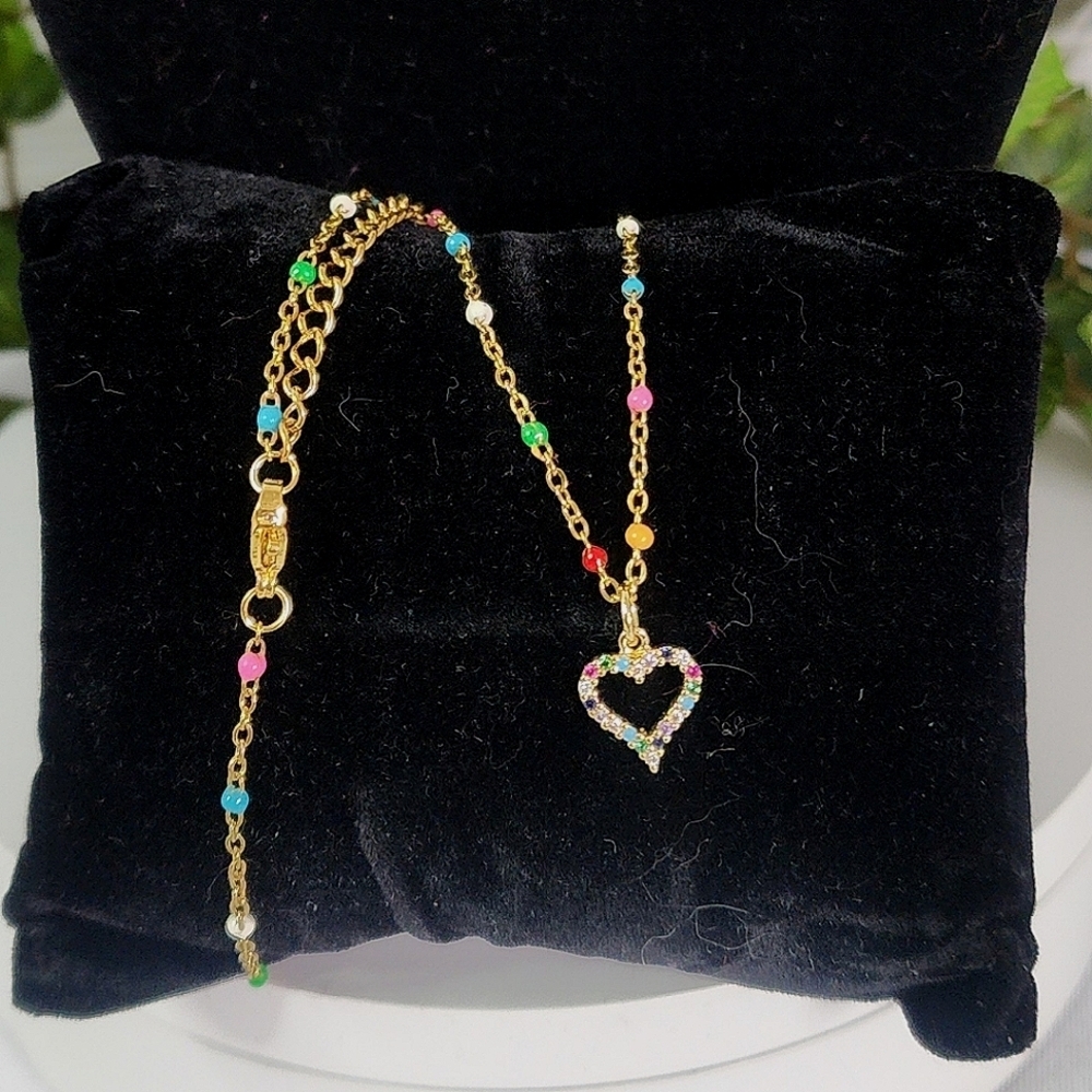 Dainty Gold Stainless Steel Necklace with Multi Color Heart Pendant